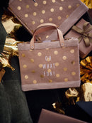 Understated holiday shimmer inspired by cozy Hamptons evenings and navy cashmere. The perfect personalized bag for elegant host gifting and festive moments